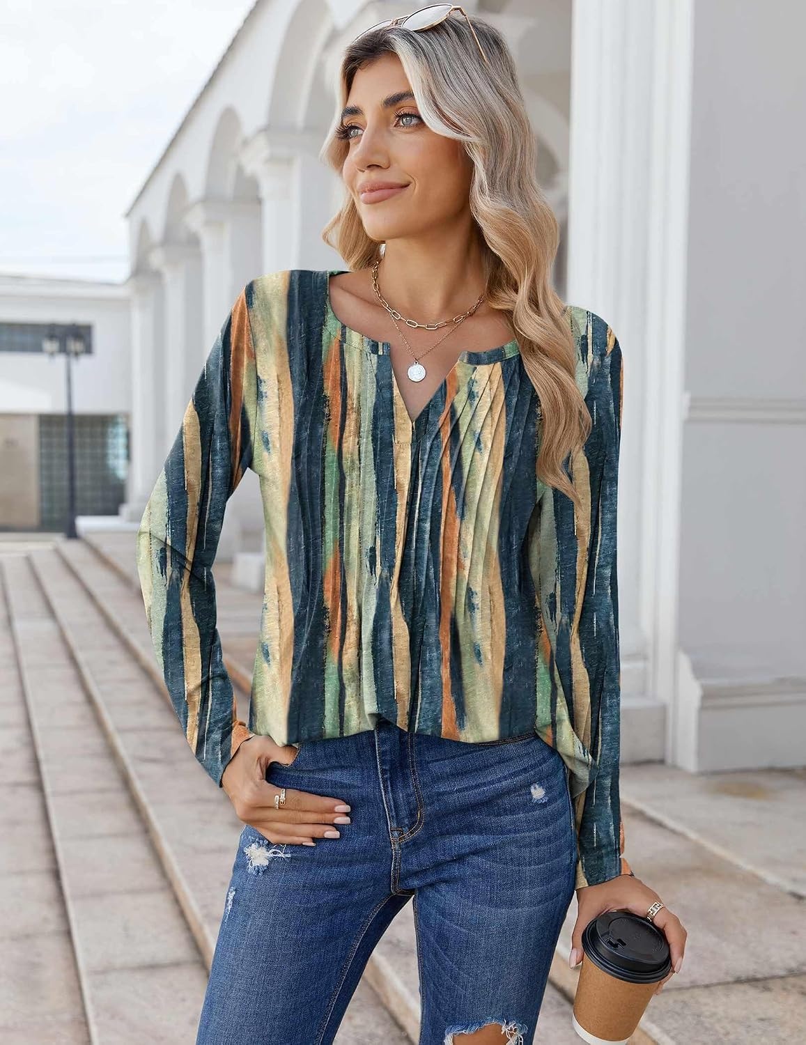 image:imageZeagoo Womens Long Sleeve Tops 2026 V Neck Pleated Shirts Dressy Casual Tunic Blouses Loose Fit Fall Fashion ClothesCx289