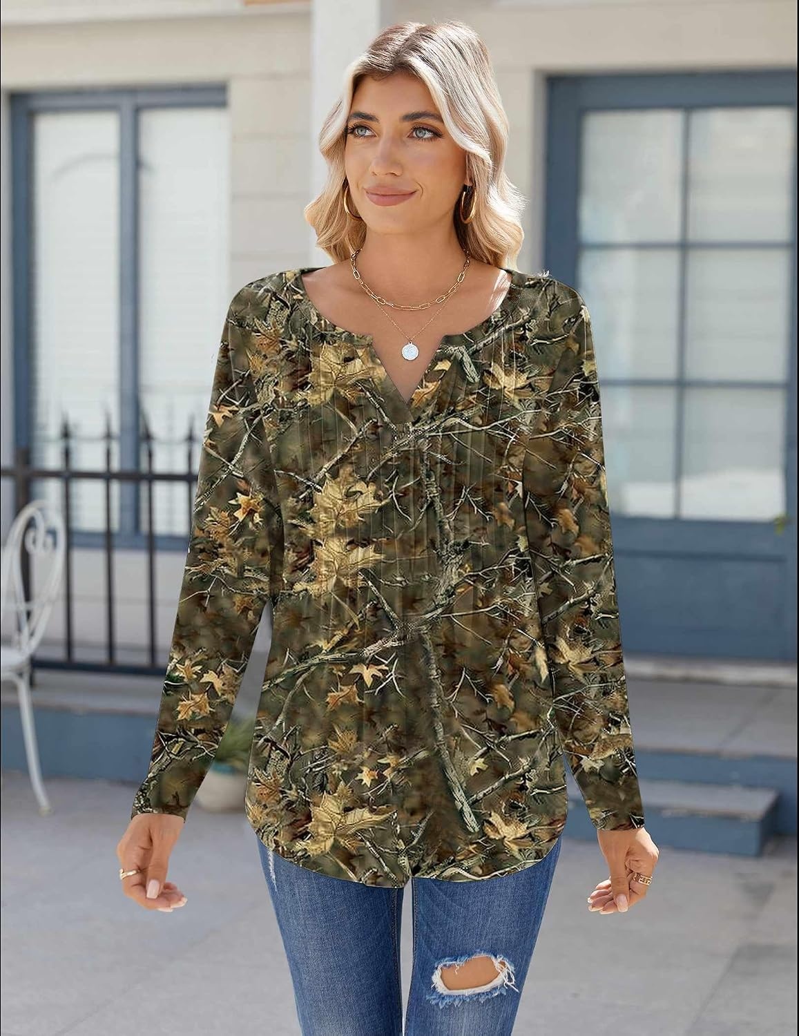image:imageZeagoo Womens Long Sleeve Tops 2026 V Neck Pleated Shirts Dressy Casual Tunic Blouses Loose Fit Fall Fashion ClothesCx295