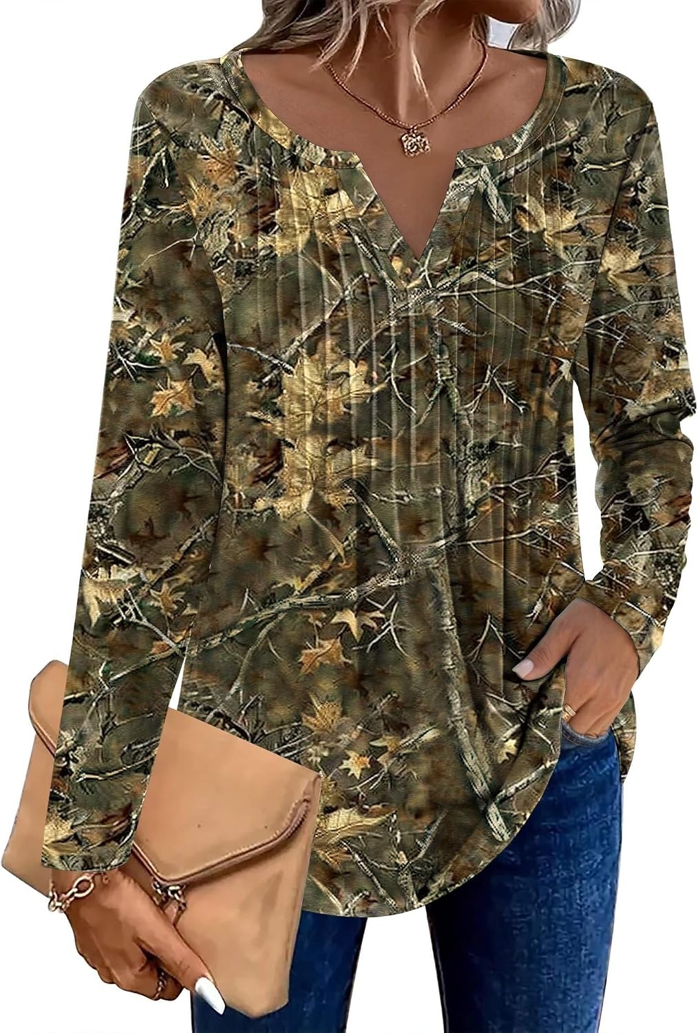 image:imageZeagoo Womens Long Sleeve Tops 2026 V Neck Pleated Shirts Dressy Casual Tunic Blouses Loose Fit Fall Fashion ClothesCx295