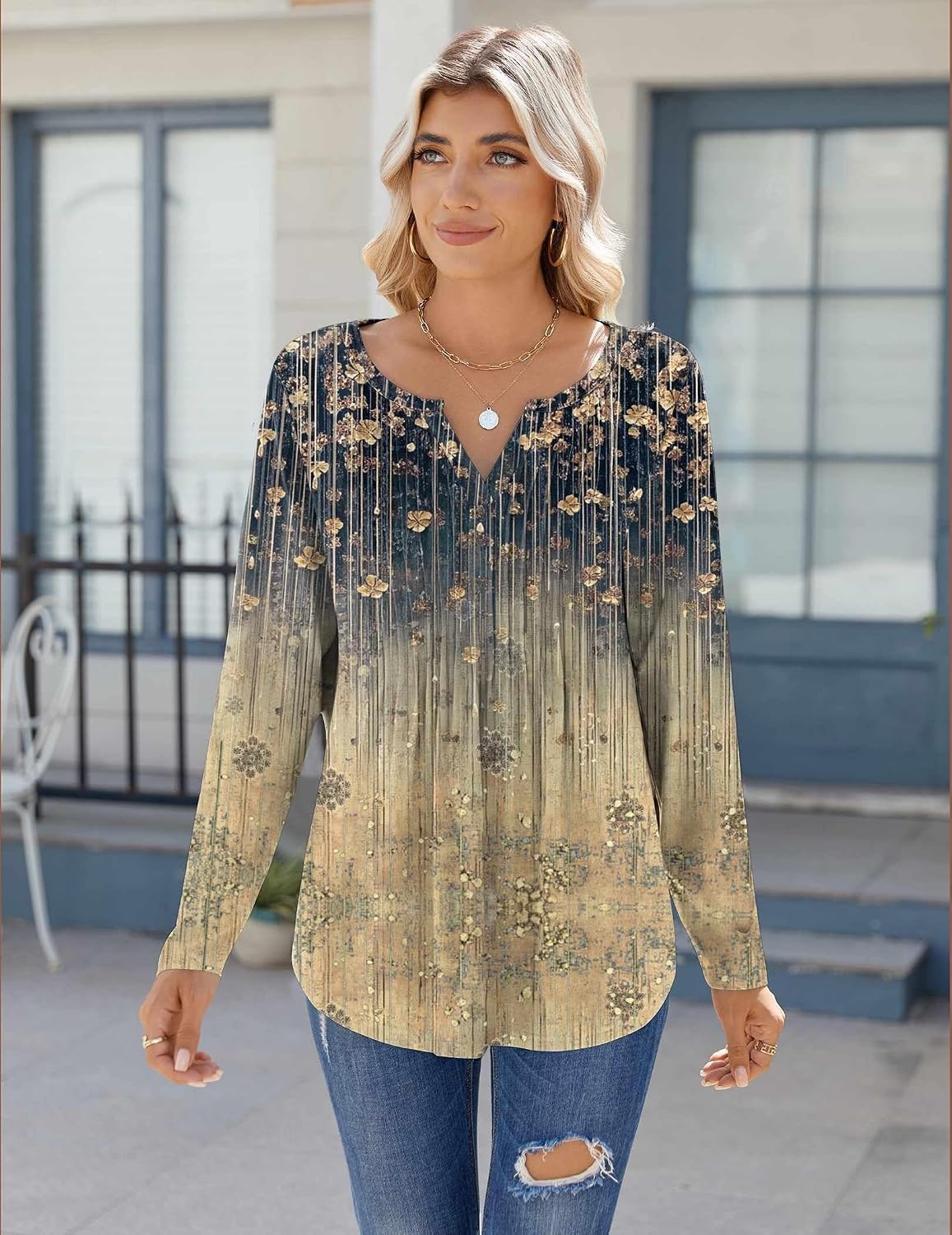image:imageZeagoo Womens Long Sleeve Tops 2026 V Neck Pleated Shirts Dressy Casual Tunic Blouses Loose Fit Fall Fashion ClothesCx311