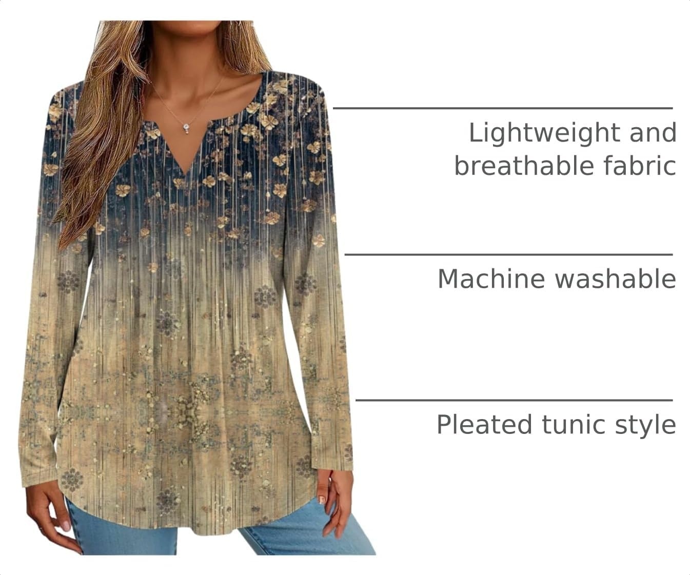 image:imageZeagoo Womens Long Sleeve Tops 2026 V Neck Pleated Shirts Dressy Casual Tunic Blouses Loose Fit Fall Fashion ClothesCx311