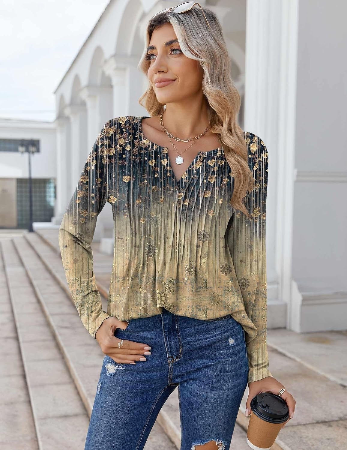 image:imageZeagoo Womens Long Sleeve Tops 2026 V Neck Pleated Shirts Dressy Casual Tunic Blouses Loose Fit Fall Fashion ClothesCx311