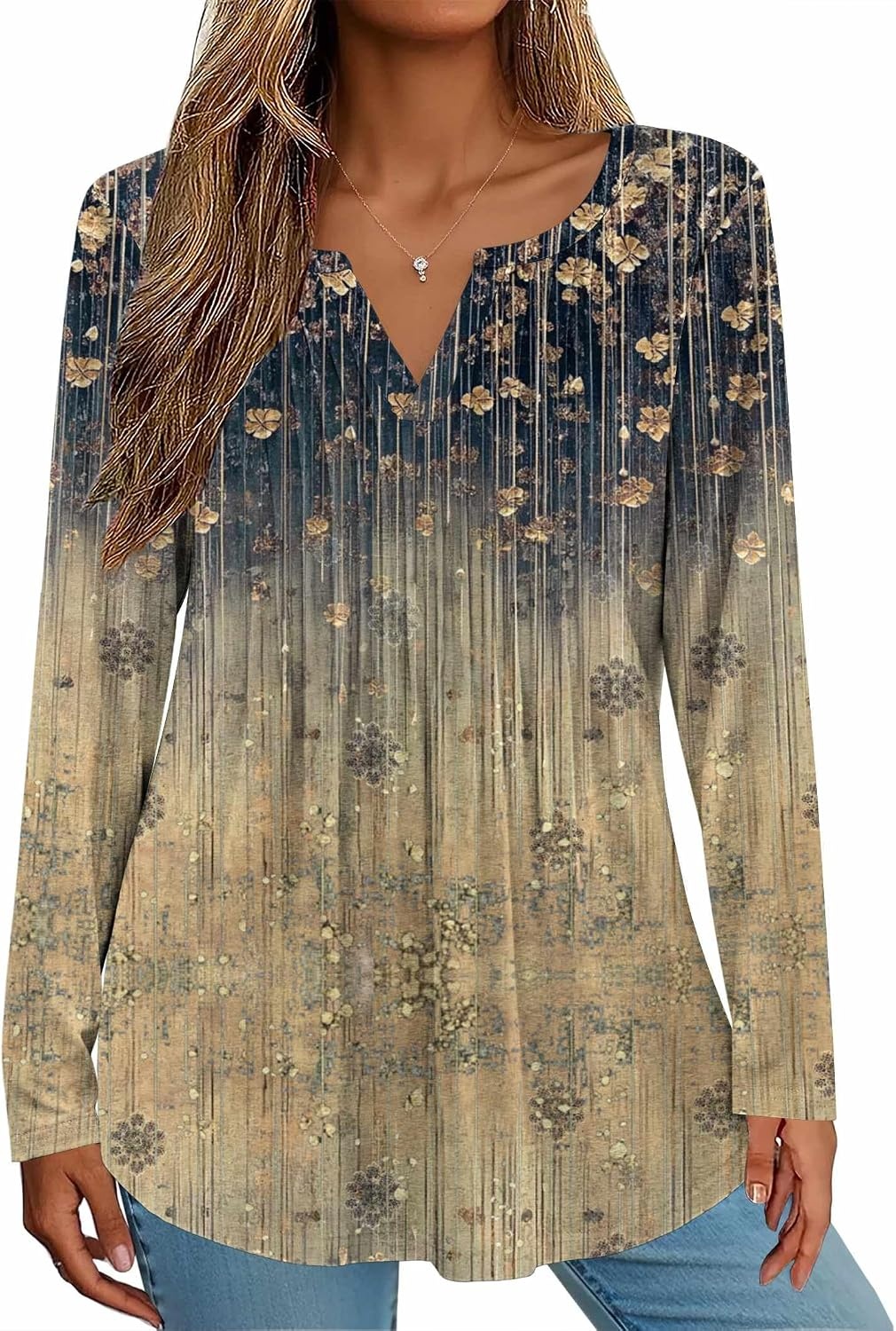 image:imageZeagoo Womens Long Sleeve Tops 2026 V Neck Pleated Shirts Dressy Casual Tunic Blouses Loose Fit Fall Fashion ClothesCx311
