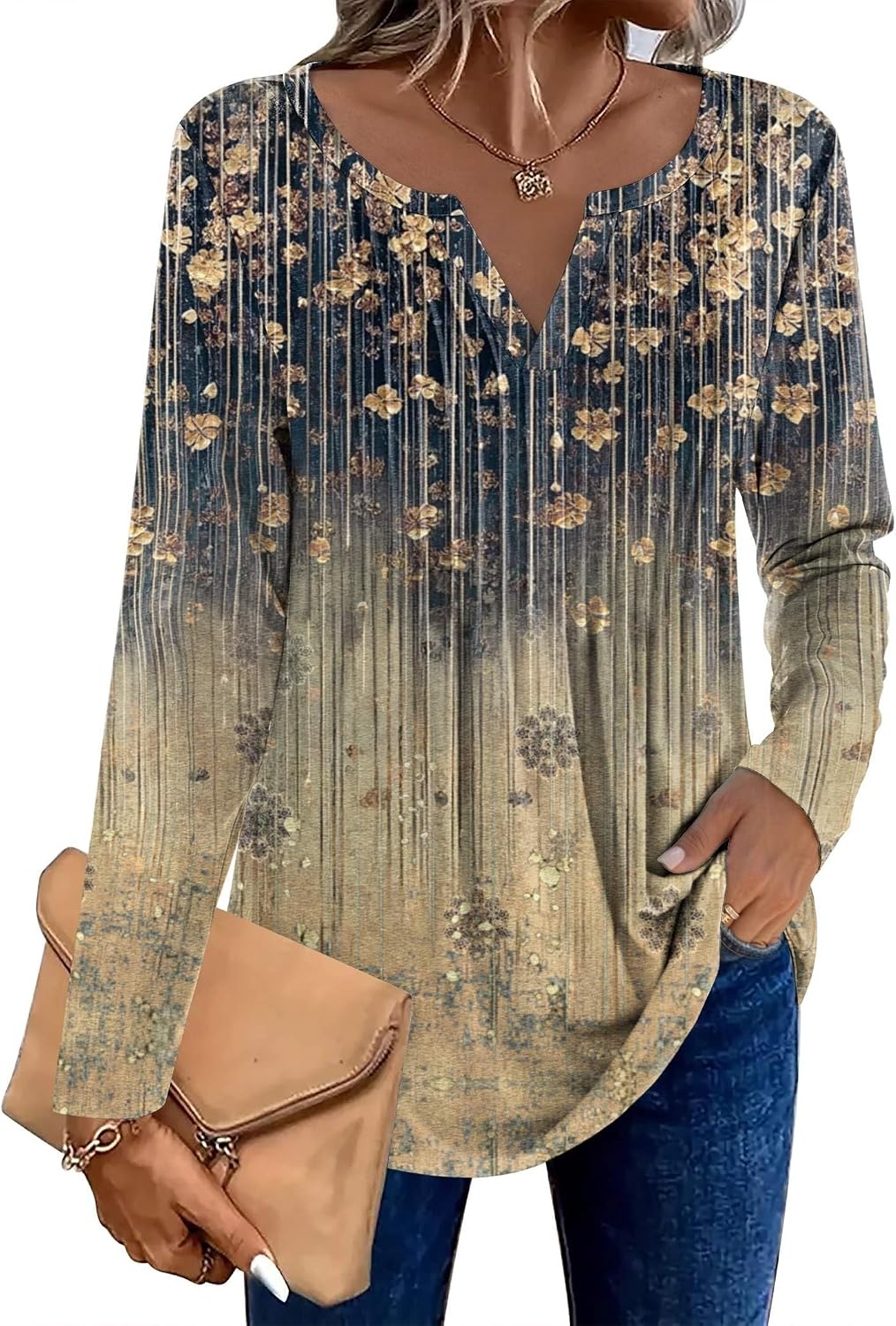 image:imageZeagoo Womens Long Sleeve Tops 2026 V Neck Pleated Shirts Dressy Casual Tunic Blouses Loose Fit Fall Fashion ClothesCx311