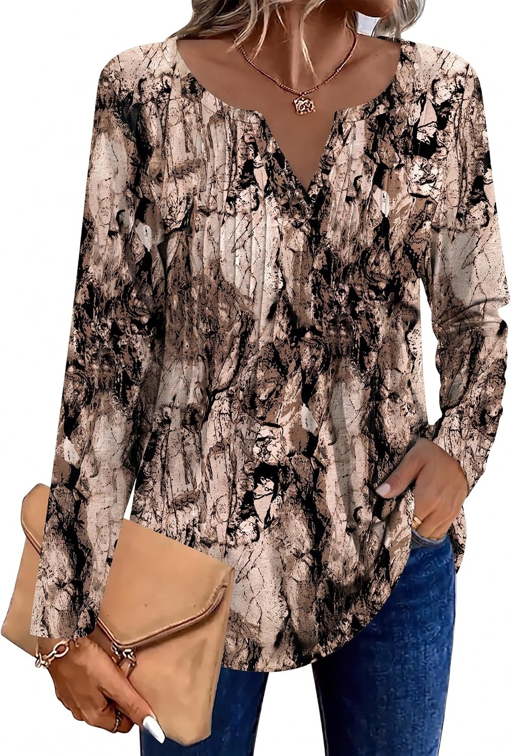 image:imageZeagoo Womens Long Sleeve Tops 2026 V Neck Pleated Shirts Dressy Casual Tunic Blouses Loose Fit Fall Fashion ClothesCx366