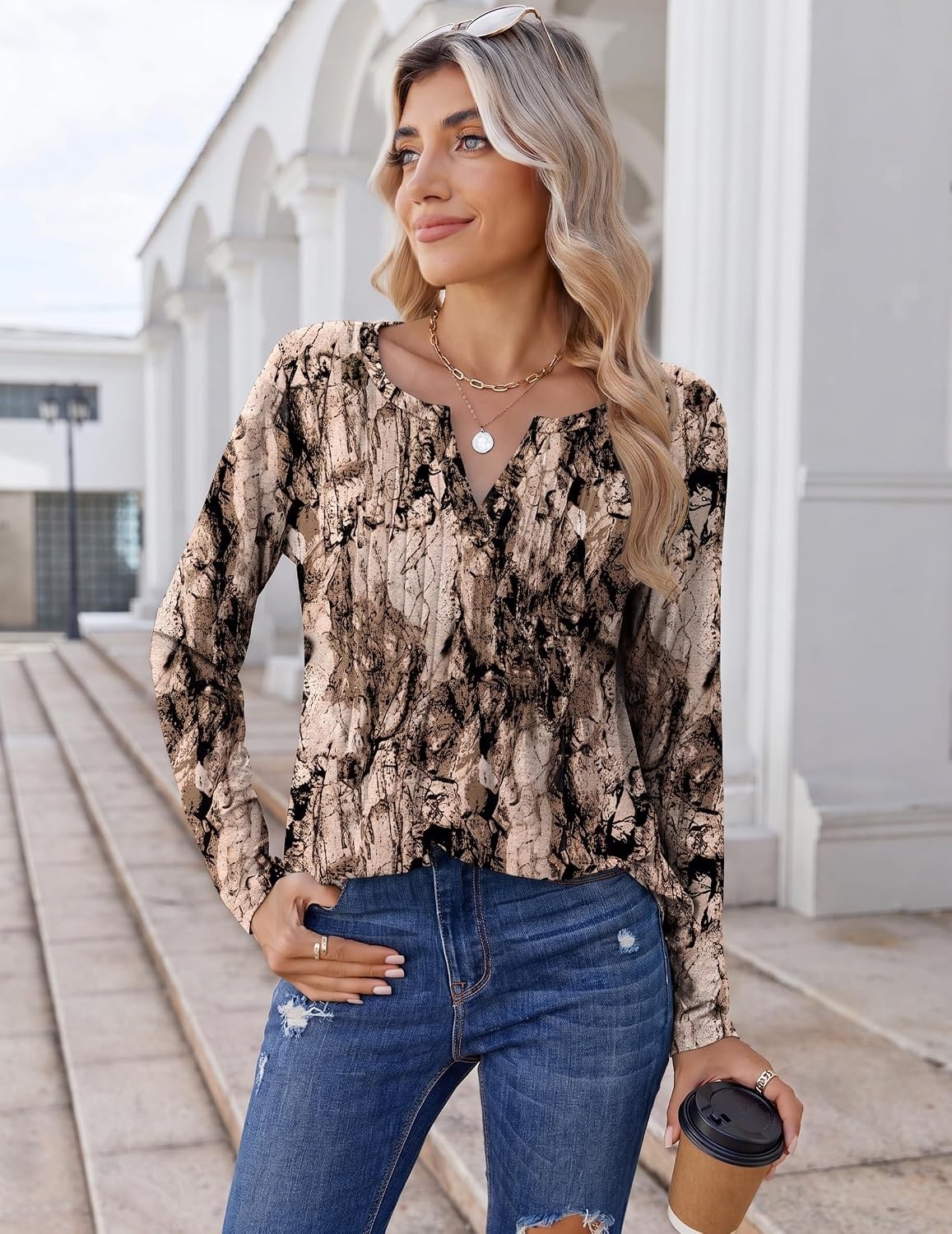 image:imageZeagoo Womens Long Sleeve Tops 2026 V Neck Pleated Shirts Dressy Casual Tunic Blouses Loose Fit Fall Fashion ClothesCx366