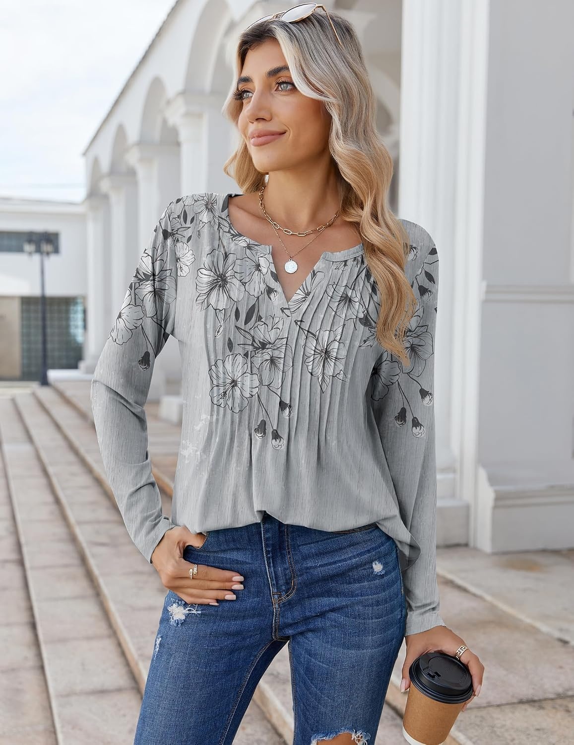 image:imageZeagoo Womens Long Sleeve Tops 2026 V Neck Pleated Shirts Dressy Casual Tunic Blouses Loose Fit Fall Fashion ClothesGrey Floralprinted