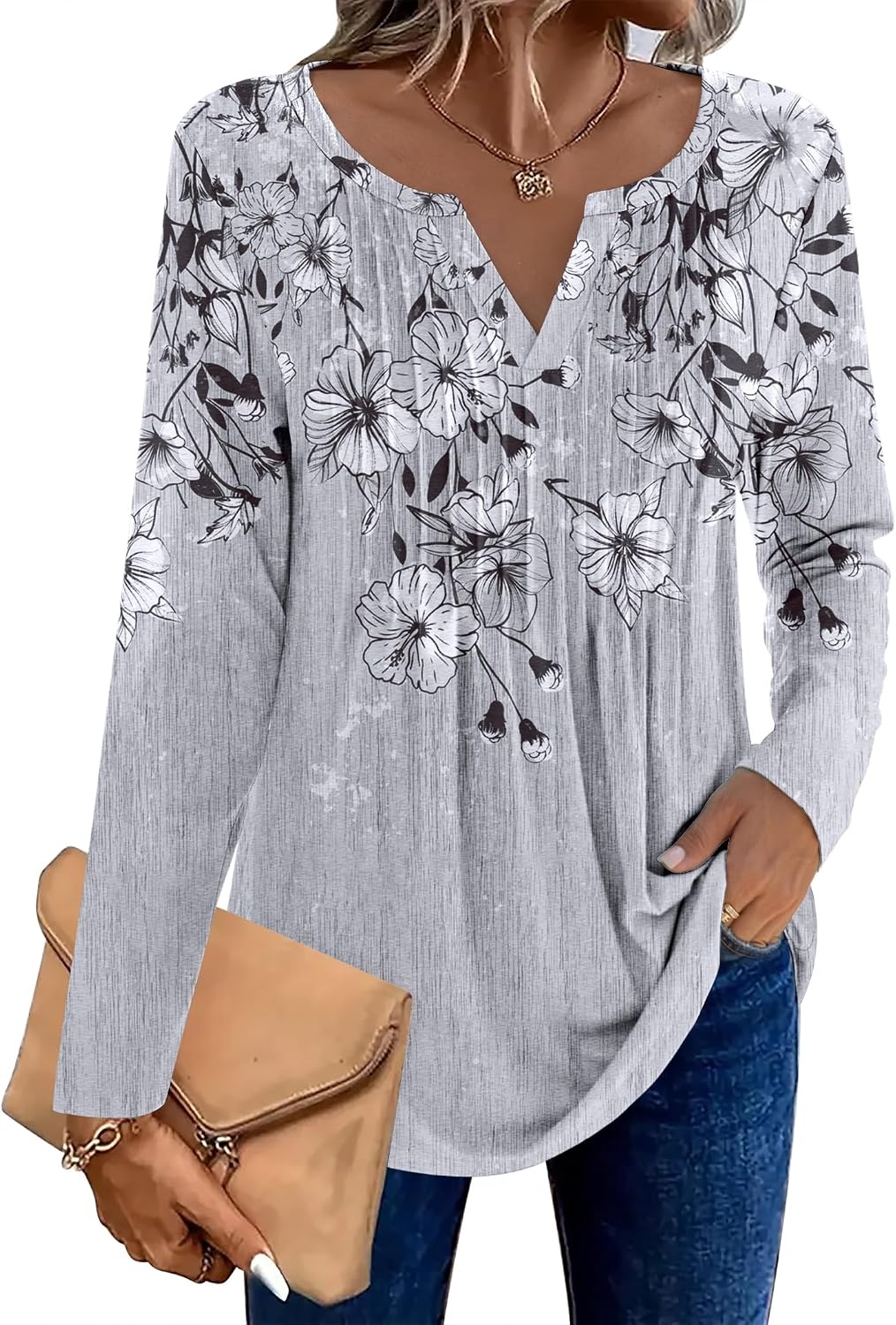 image:imageZeagoo Womens Long Sleeve Tops 2026 V Neck Pleated Shirts Dressy Casual Tunic Blouses Loose Fit Fall Fashion ClothesGrey Floralprinted