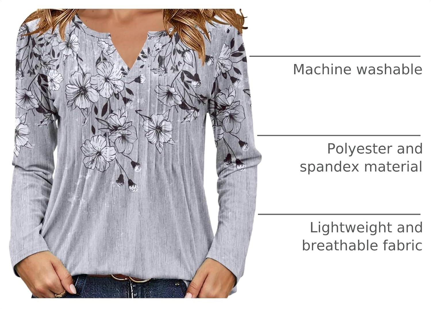 image:imageZeagoo Womens Long Sleeve Tops 2026 V Neck Pleated Shirts Dressy Casual Tunic Blouses Loose Fit Fall Fashion ClothesGrey Floralprinted