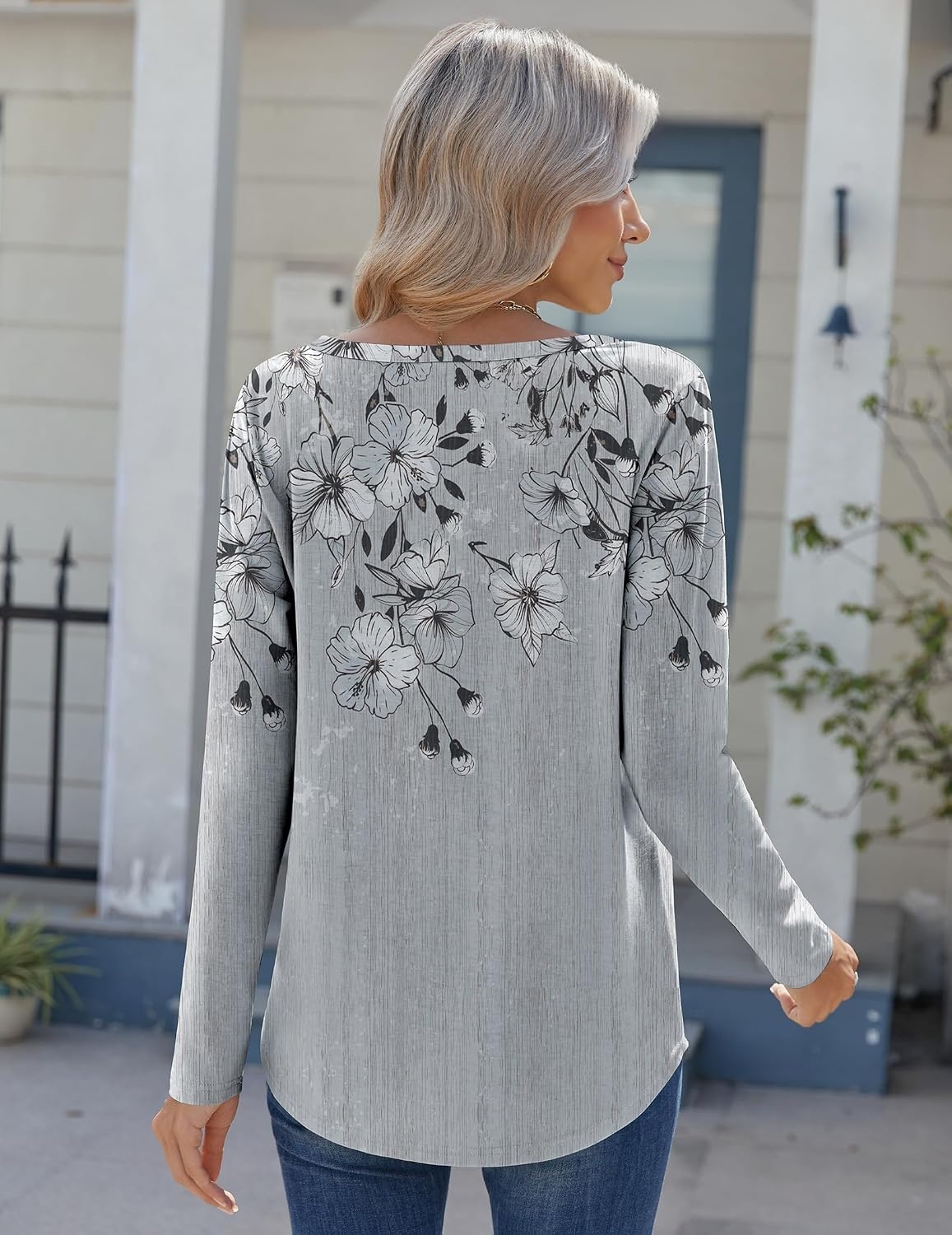 image:imageZeagoo Womens Long Sleeve Tops 2026 V Neck Pleated Shirts Dressy Casual Tunic Blouses Loose Fit Fall Fashion ClothesGrey Floralprinted
