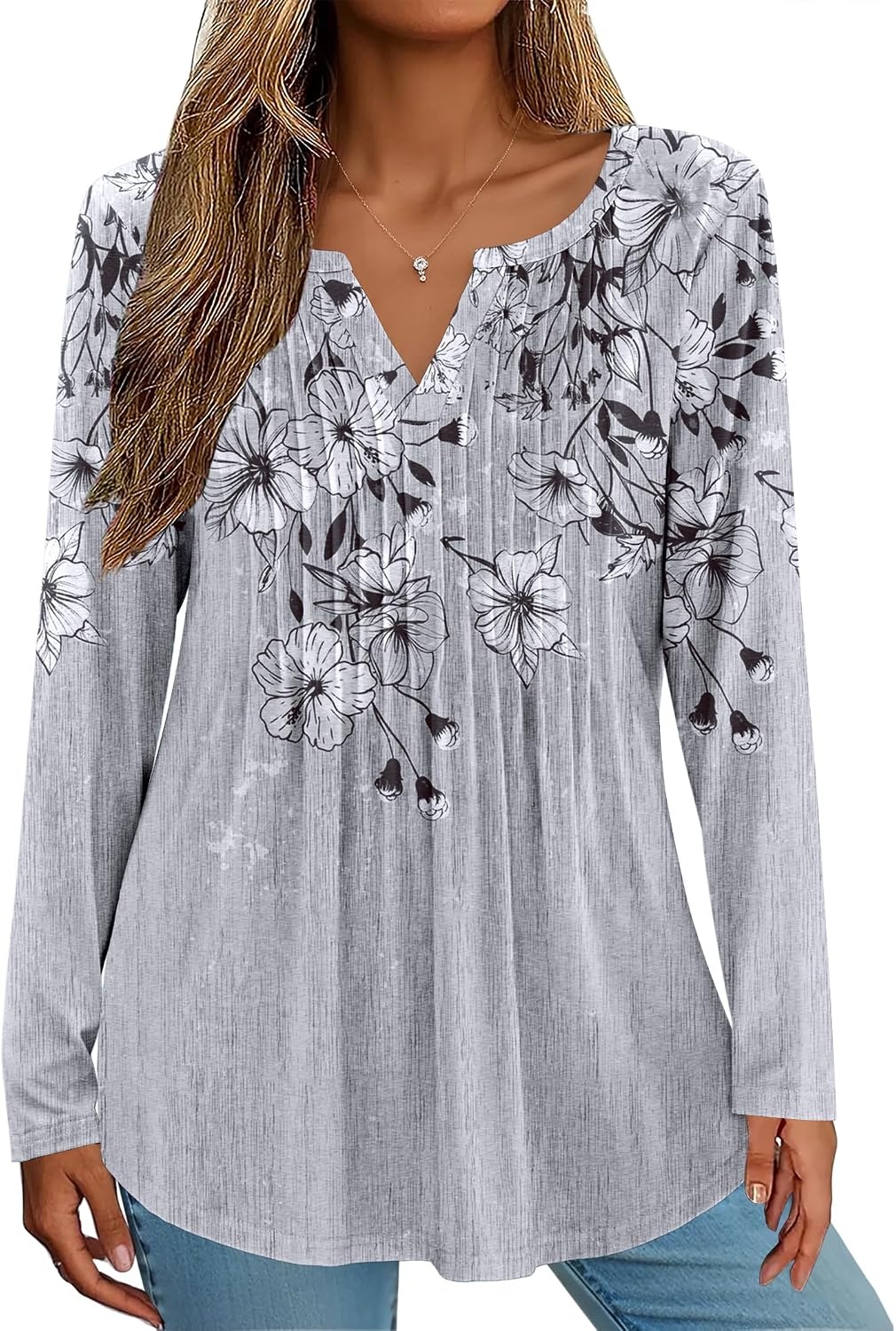 image:imageZeagoo Womens Long Sleeve Tops 2026 V Neck Pleated Shirts Dressy Casual Tunic Blouses Loose Fit Fall Fashion ClothesGrey Floralprinted