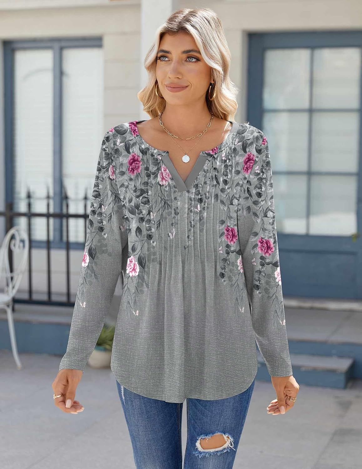 image:imageZeagoo Womens Long Sleeve Tops 2026 V Neck Pleated Shirts Dressy Casual Tunic Blouses Loose Fit Fall Fashion ClothesHf36