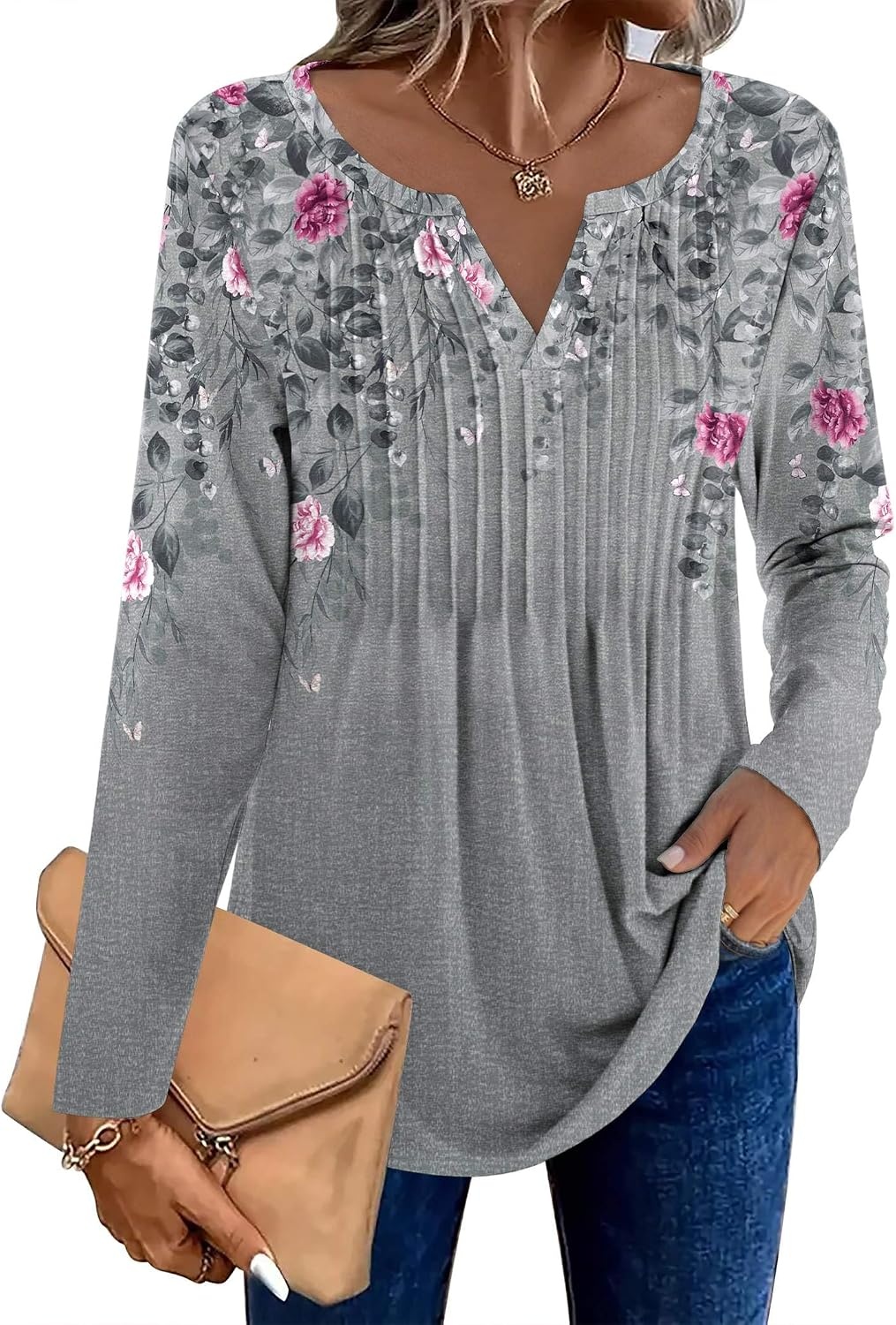 image:imageZeagoo Womens Long Sleeve Tops 2026 V Neck Pleated Shirts Dressy Casual Tunic Blouses Loose Fit Fall Fashion ClothesHf36