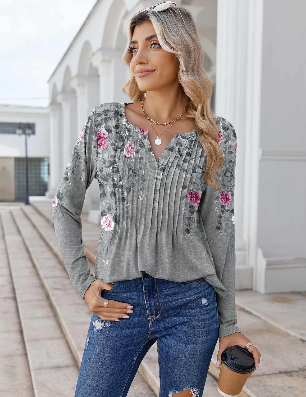 image:imageZeagoo Womens Long Sleeve Tops 2026 V Neck Pleated Shirts Dressy Casual Tunic Blouses Loose Fit Fall Fashion ClothesHf36