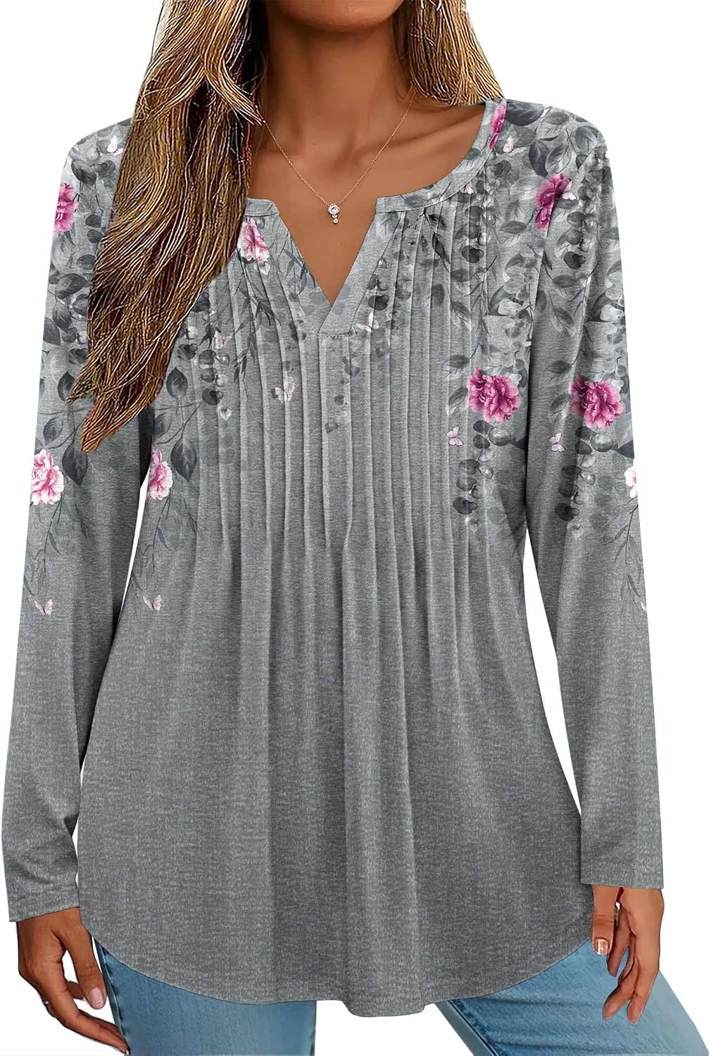 image:imageZeagoo Womens Long Sleeve Tops 2026 V Neck Pleated Shirts Dressy Casual Tunic Blouses Loose Fit Fall Fashion ClothesHf36