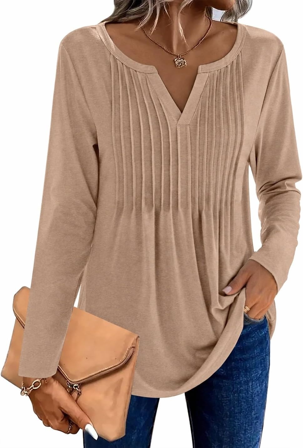 image:imageZeagoo Womens Long Sleeve Tops 2026 V Neck Pleated Shirts Dressy Casual Tunic Blouses Loose Fit Fall Fashion ClothesKh