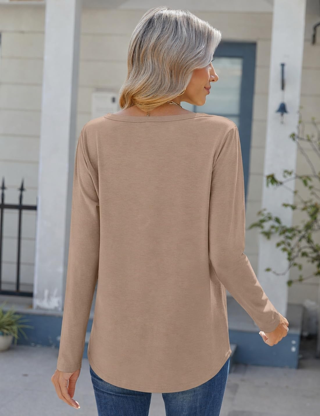 image:imageZeagoo Womens Long Sleeve Tops 2026 V Neck Pleated Shirts Dressy Casual Tunic Blouses Loose Fit Fall Fashion ClothesKh