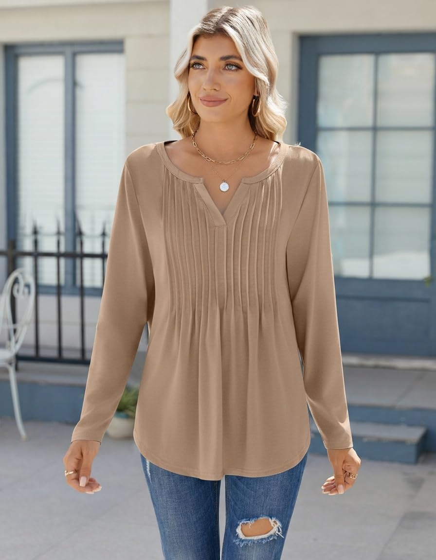 image:imageZeagoo Womens Long Sleeve Tops 2026 V Neck Pleated Shirts Dressy Casual Tunic Blouses Loose Fit Fall Fashion ClothesKh