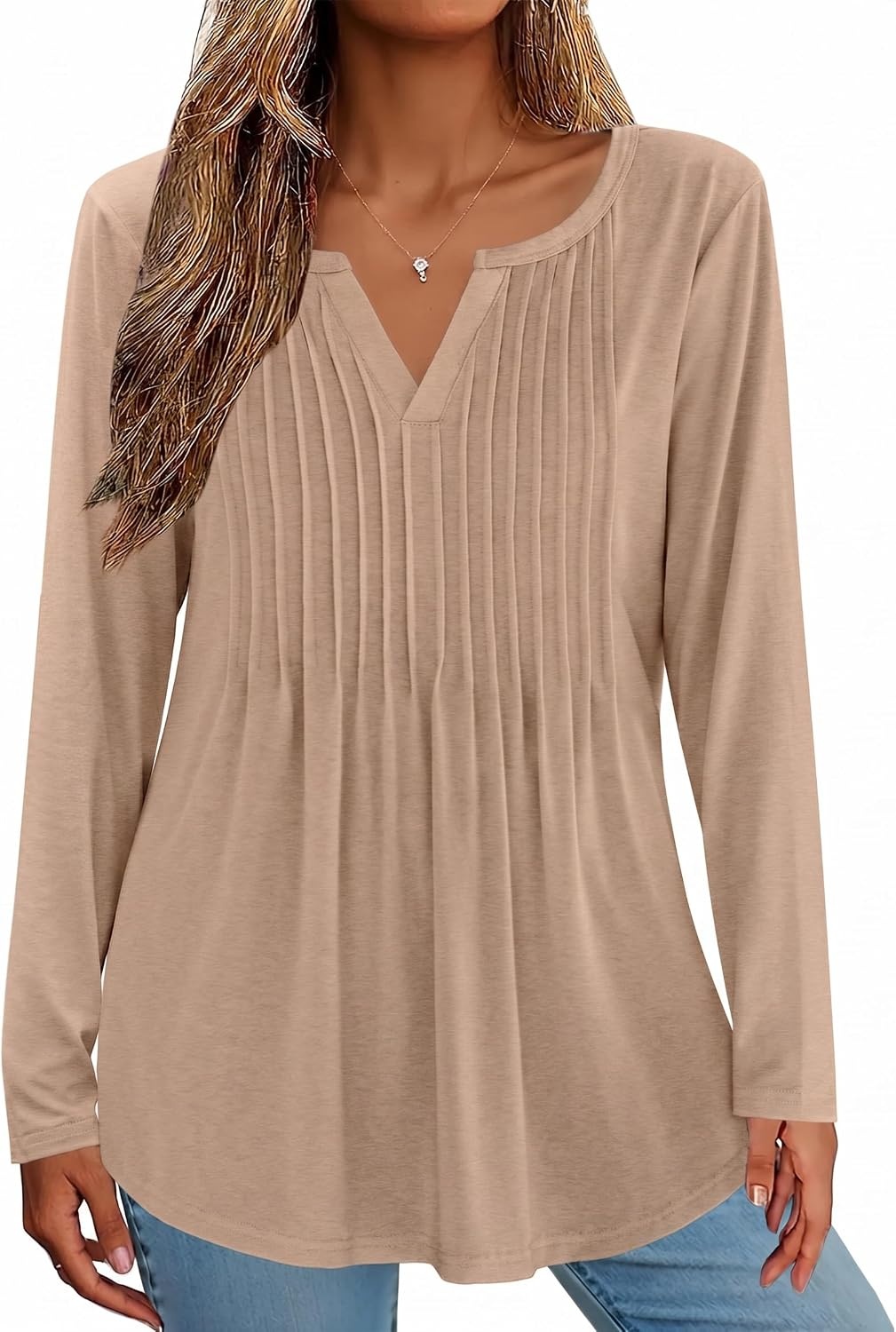 image:imageZeagoo Womens Long Sleeve Tops 2026 V Neck Pleated Shirts Dressy Casual Tunic Blouses Loose Fit Fall Fashion ClothesKh