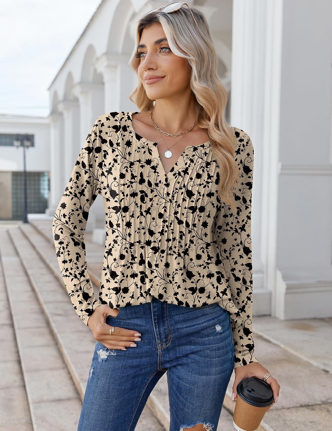 image:imageZeagoo Womens Long Sleeve Tops 2026 V Neck Pleated Shirts Dressy Casual Tunic Blouses Loose Fit Fall Fashion ClothesKhakiprinted
