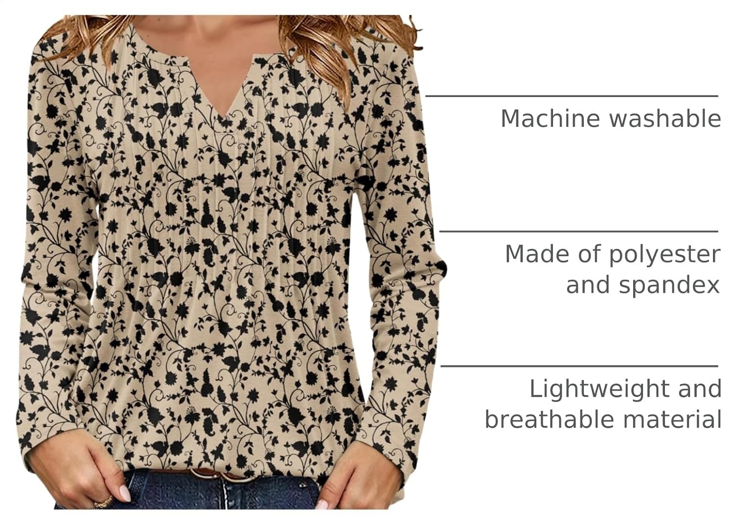 image:imageZeagoo Womens Long Sleeve Tops 2026 V Neck Pleated Shirts Dressy Casual Tunic Blouses Loose Fit Fall Fashion ClothesKhakiprinted
