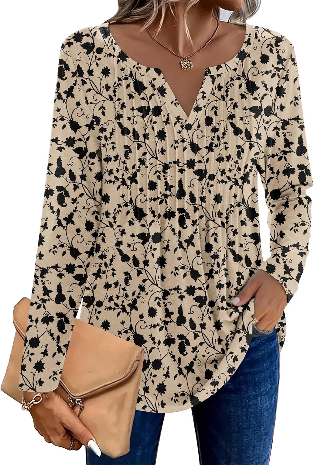 image:imageZeagoo Womens Long Sleeve Tops 2026 V Neck Pleated Shirts Dressy Casual Tunic Blouses Loose Fit Fall Fashion ClothesKhakiprinted