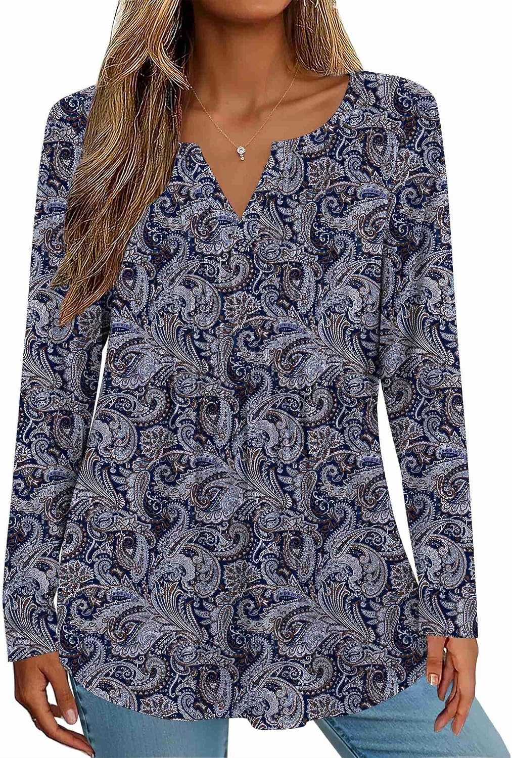 image:imageZeagoo Womens Long Sleeve Tops 2026 V Neck Pleated Shirts Dressy Casual Tunic Blouses Loose Fit Fall Fashion ClothesMz473