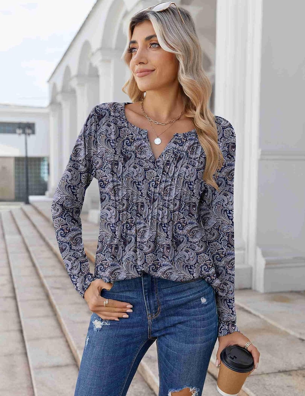 image:imageZeagoo Womens Long Sleeve Tops 2026 V Neck Pleated Shirts Dressy Casual Tunic Blouses Loose Fit Fall Fashion ClothesMz473