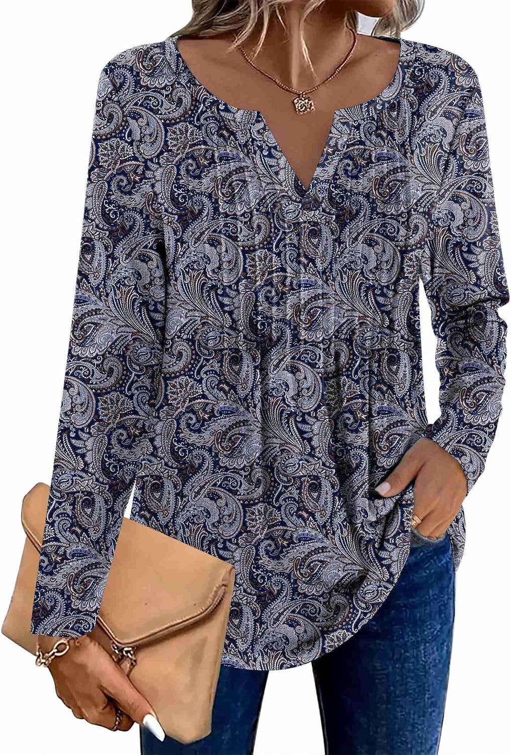 image:imageZeagoo Womens Long Sleeve Tops 2026 V Neck Pleated Shirts Dressy Casual Tunic Blouses Loose Fit Fall Fashion ClothesMz473