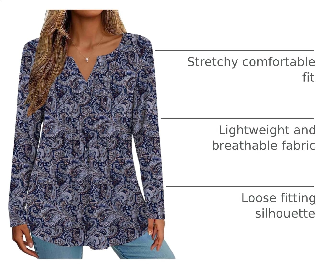 image:imageZeagoo Womens Long Sleeve Tops 2026 V Neck Pleated Shirts Dressy Casual Tunic Blouses Loose Fit Fall Fashion ClothesMz473