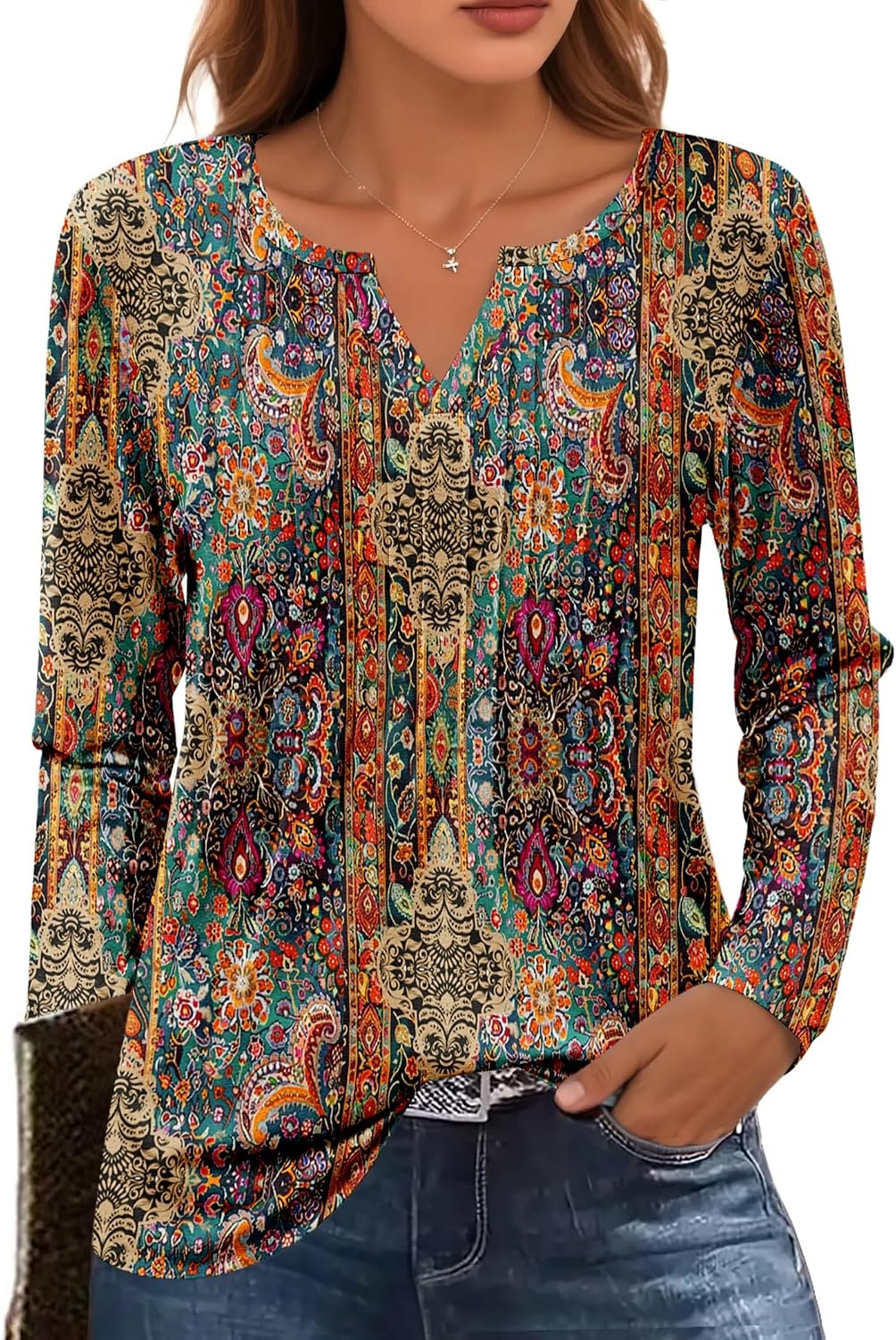 image:imageZeagoo Womens Long Sleeve Tops 2026 V Neck Pleated Shirts Dressy Casual Tunic Blouses Loose Fit Fall Fashion ClothesMz721