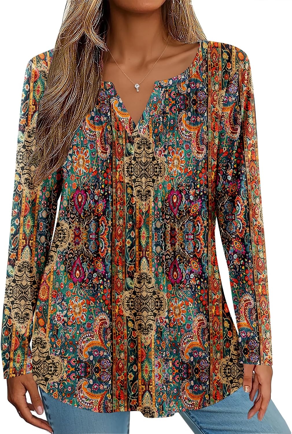 image:imageZeagoo Womens Long Sleeve Tops 2026 V Neck Pleated Shirts Dressy Casual Tunic Blouses Loose Fit Fall Fashion ClothesMz721
