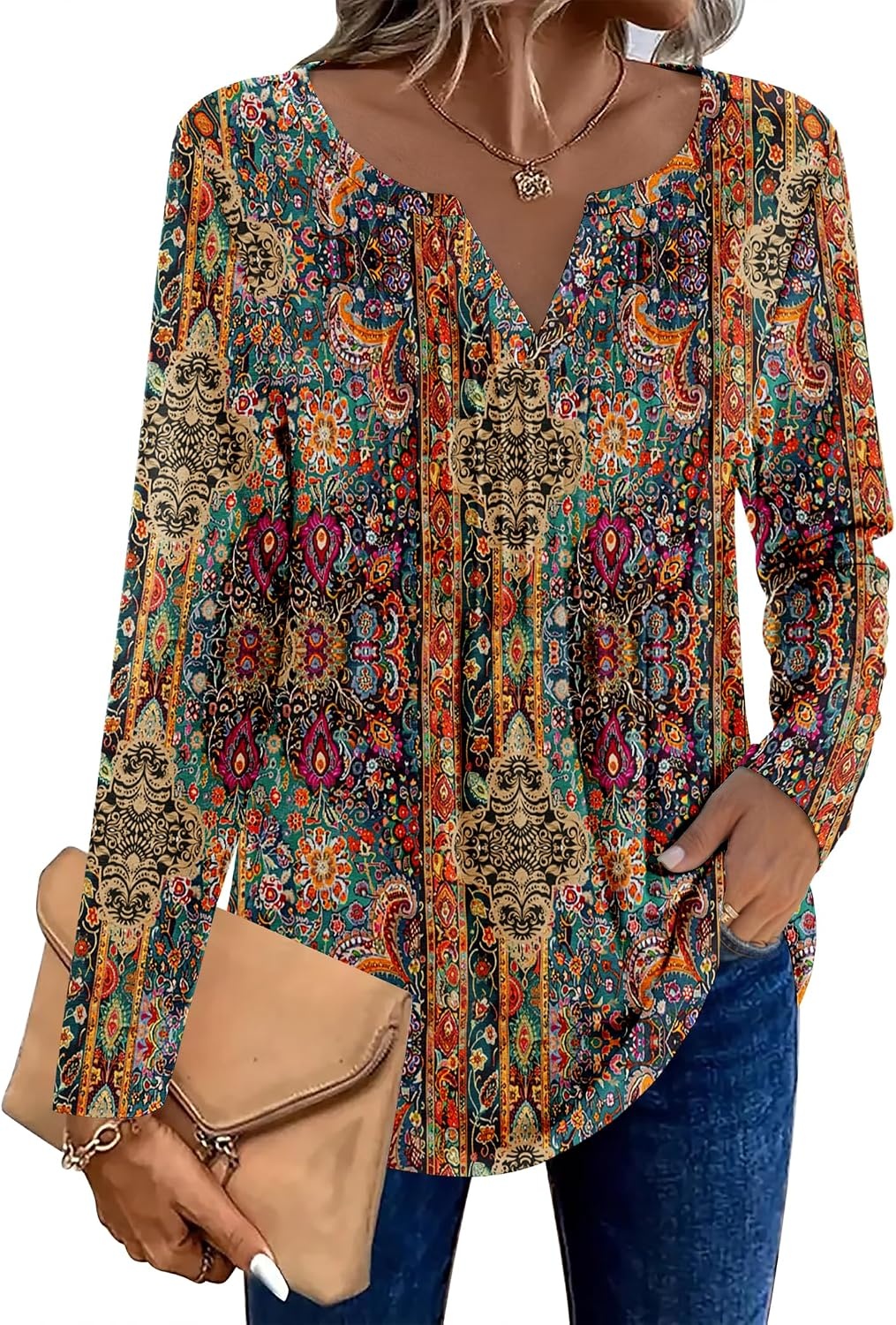 image:imageZeagoo Womens Long Sleeve Tops 2026 V Neck Pleated Shirts Dressy Casual Tunic Blouses Loose Fit Fall Fashion ClothesMz721