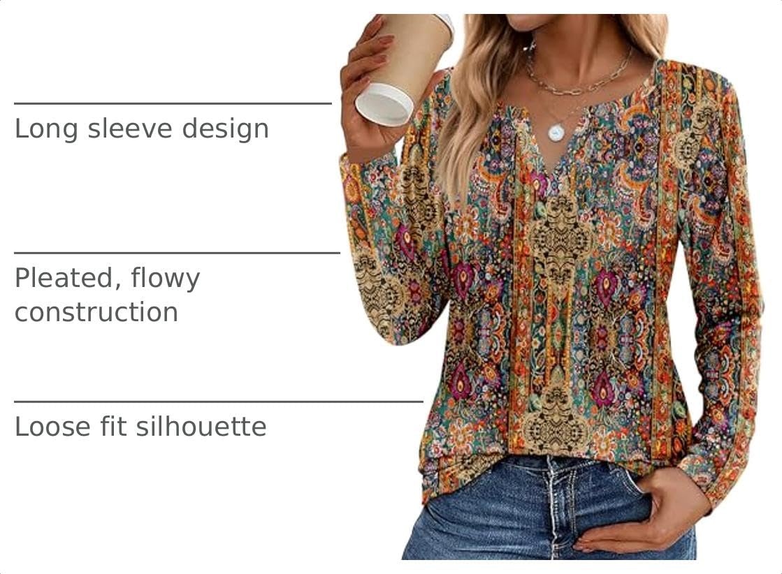 image:imageZeagoo Womens Long Sleeve Tops 2026 V Neck Pleated Shirts Dressy Casual Tunic Blouses Loose Fit Fall Fashion ClothesMz721