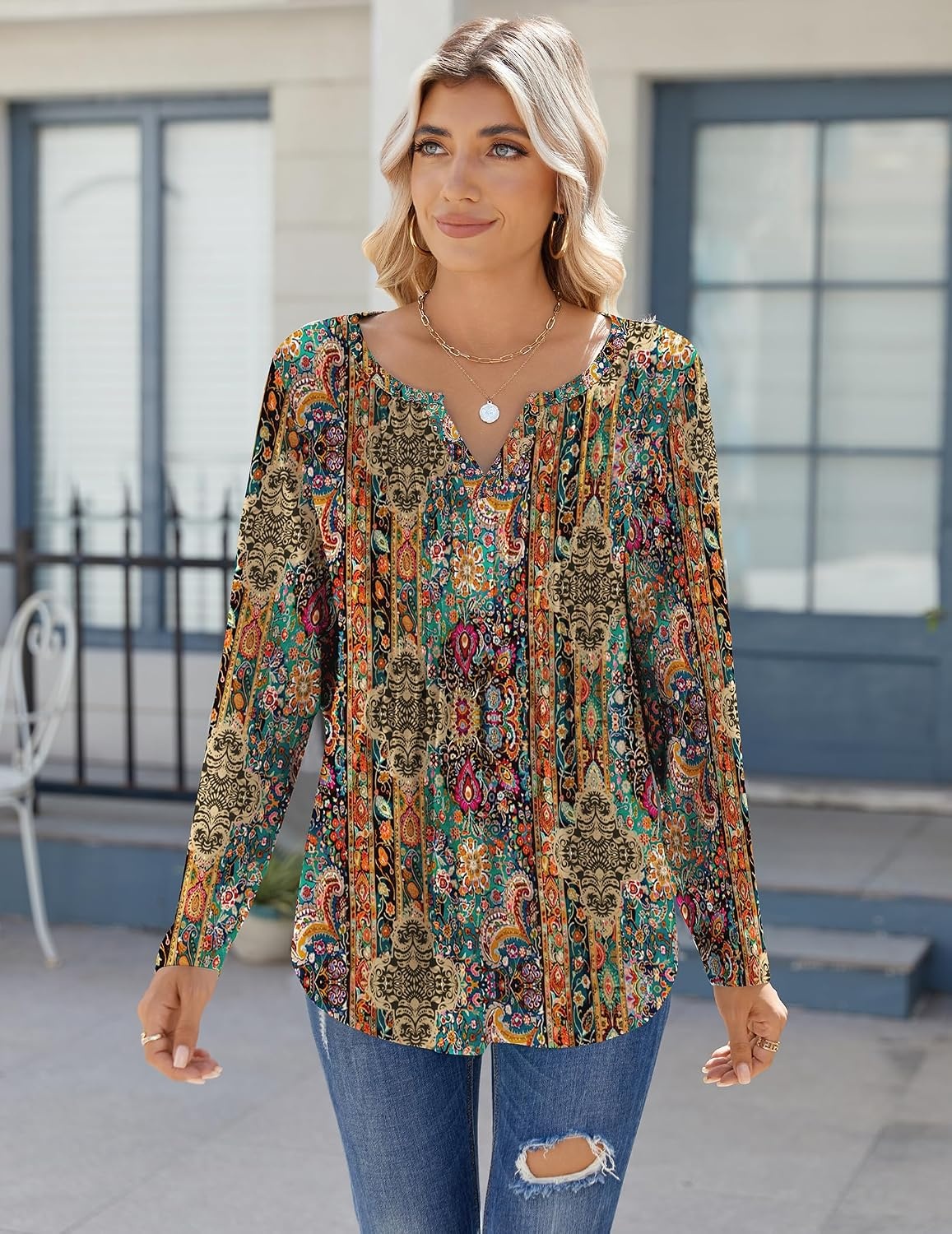 image:imageZeagoo Womens Long Sleeve Tops 2026 V Neck Pleated Shirts Dressy Casual Tunic Blouses Loose Fit Fall Fashion ClothesMz721