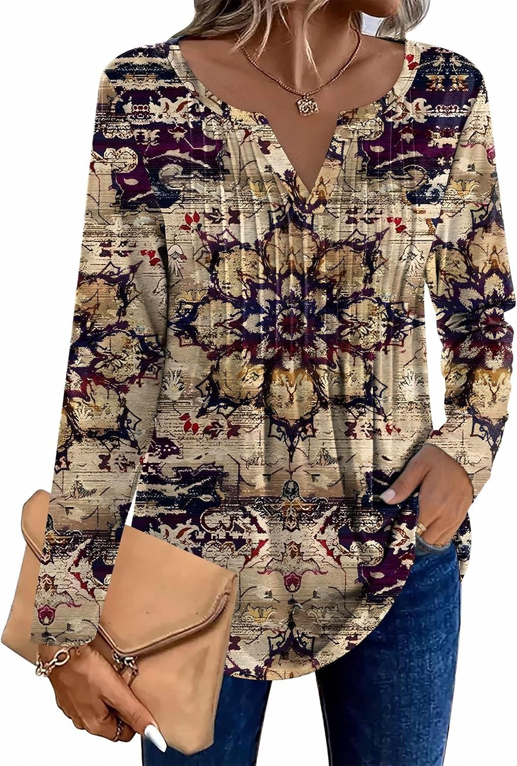 image:imageZeagoo Womens Long Sleeve Tops 2026 V Neck Pleated Shirts Dressy Casual Tunic Blouses Loose Fit Fall Fashion ClothesMz857