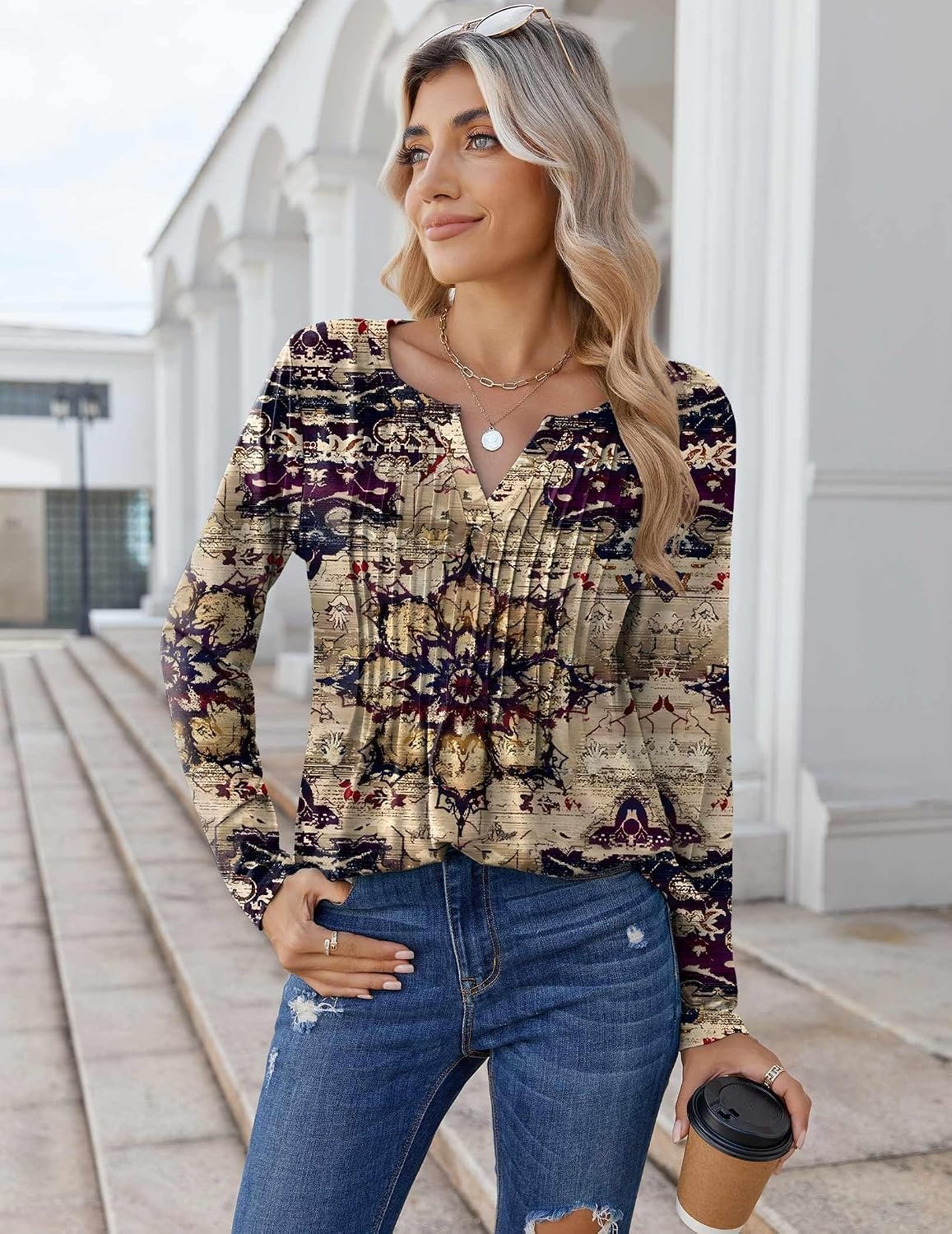 image:imageZeagoo Womens Long Sleeve Tops 2026 V Neck Pleated Shirts Dressy Casual Tunic Blouses Loose Fit Fall Fashion ClothesMz857