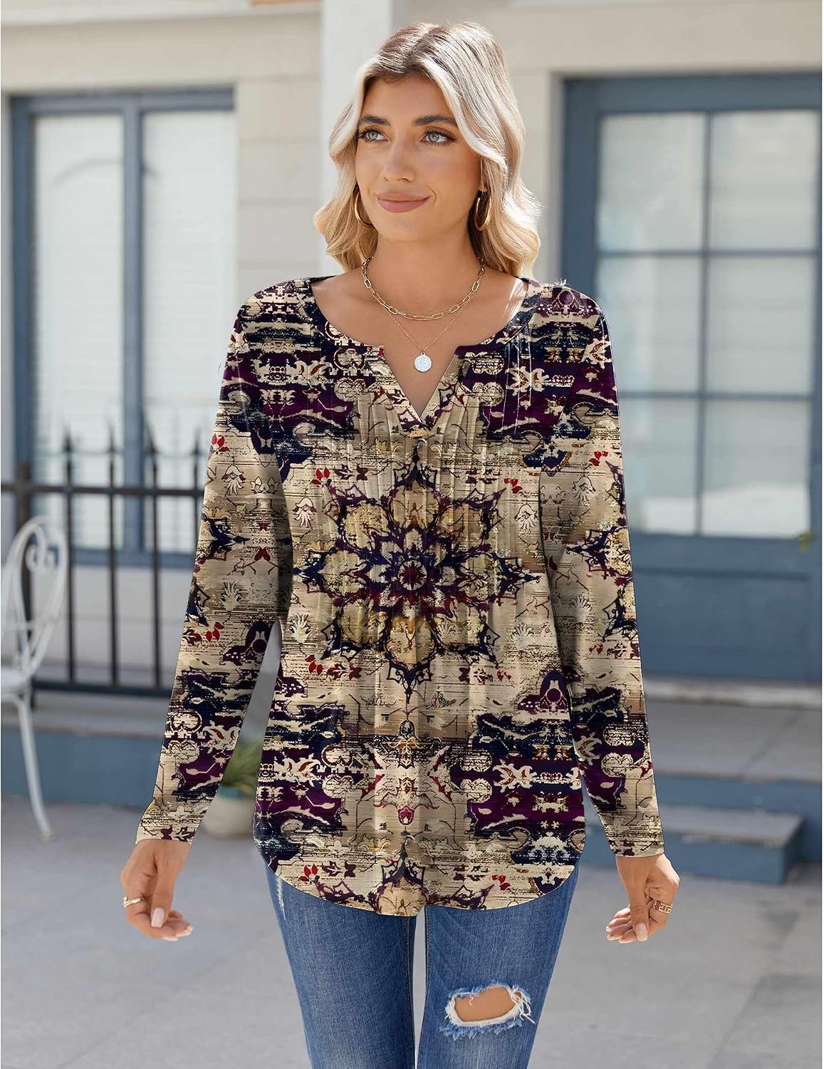 image:imageZeagoo Womens Long Sleeve Tops 2026 V Neck Pleated Shirts Dressy Casual Tunic Blouses Loose Fit Fall Fashion ClothesMz857
