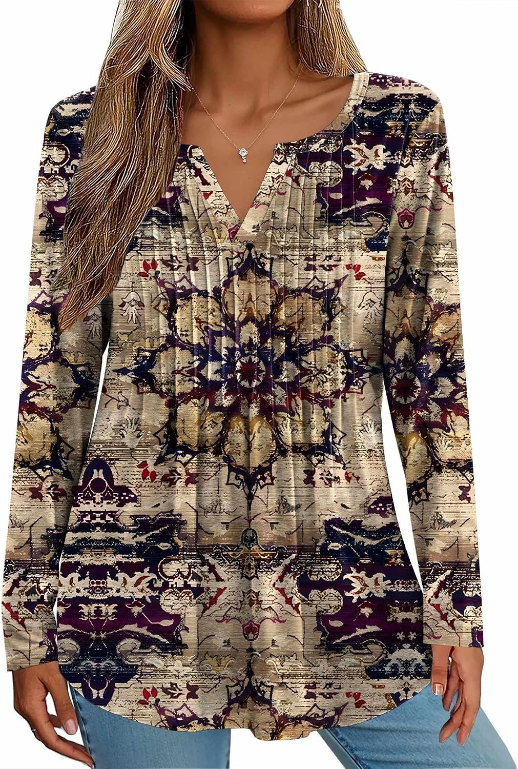 image:imageZeagoo Womens Long Sleeve Tops 2026 V Neck Pleated Shirts Dressy Casual Tunic Blouses Loose Fit Fall Fashion ClothesMz857