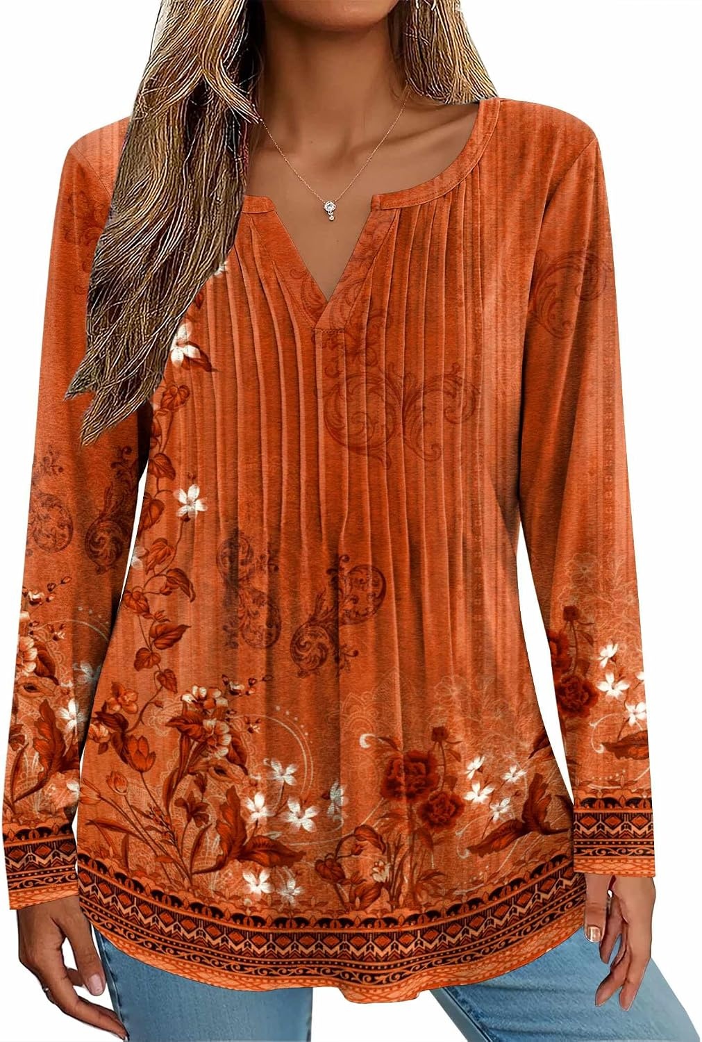 image:imageZeagoo Womens Long Sleeve Tops 2026 V Neck Pleated Shirts Dressy Casual Tunic Blouses Loose Fit Fall Fashion ClothesMz867