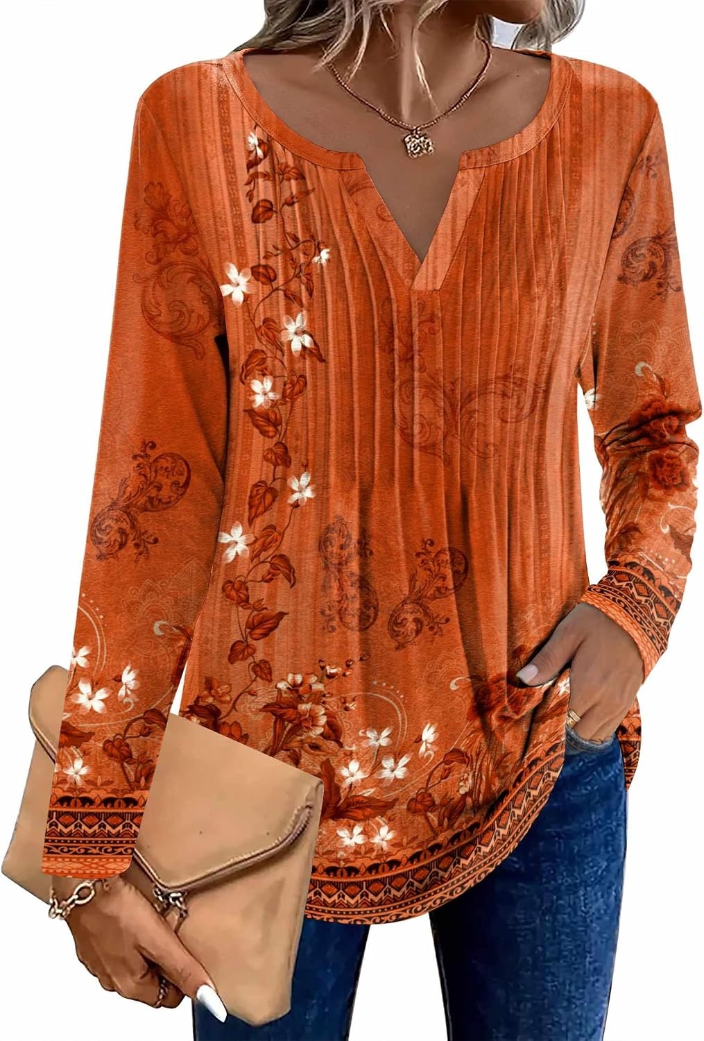 image:imageZeagoo Womens Long Sleeve Tops 2026 V Neck Pleated Shirts Dressy Casual Tunic Blouses Loose Fit Fall Fashion ClothesMz867