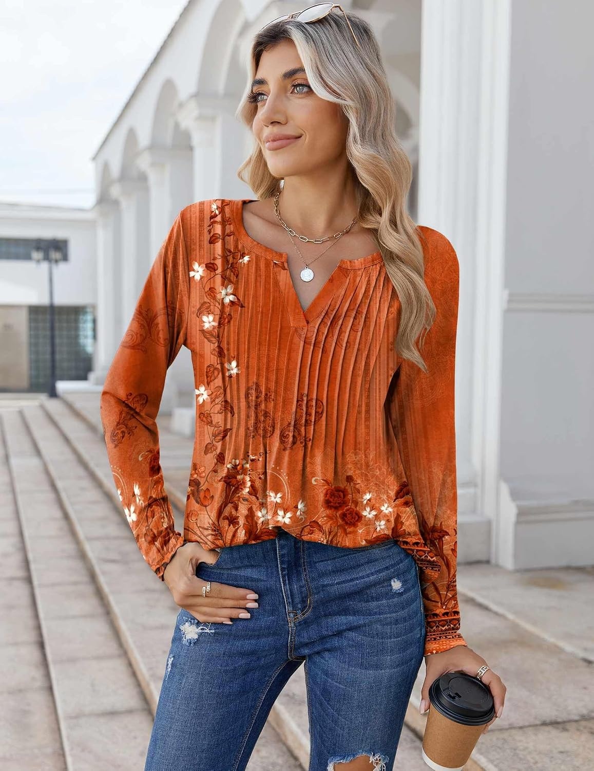 image:imageZeagoo Womens Long Sleeve Tops 2026 V Neck Pleated Shirts Dressy Casual Tunic Blouses Loose Fit Fall Fashion ClothesMz867