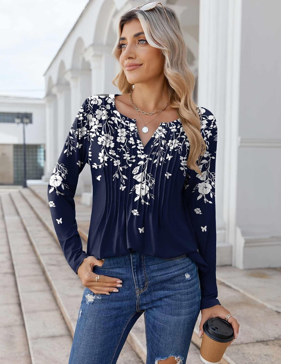 image:imageZeagoo Womens Long Sleeve Tops 2026 V Neck Pleated Shirts Dressy Casual Tunic Blouses Loose Fit Fall Fashion ClothesSf103
