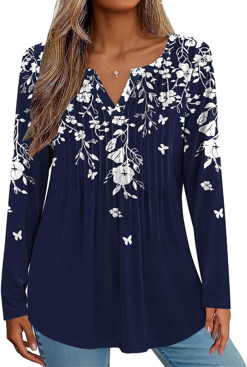 image:imageZeagoo Womens Long Sleeve Tops 2026 V Neck Pleated Shirts Dressy Casual Tunic Blouses Loose Fit Fall Fashion ClothesSf103