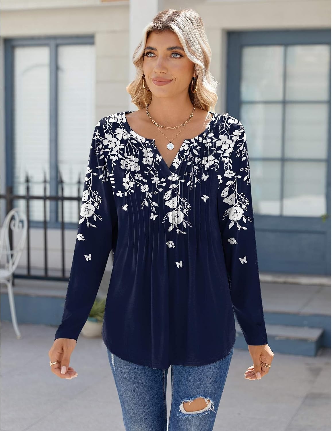image:imageZeagoo Womens Long Sleeve Tops 2026 V Neck Pleated Shirts Dressy Casual Tunic Blouses Loose Fit Fall Fashion ClothesSf103