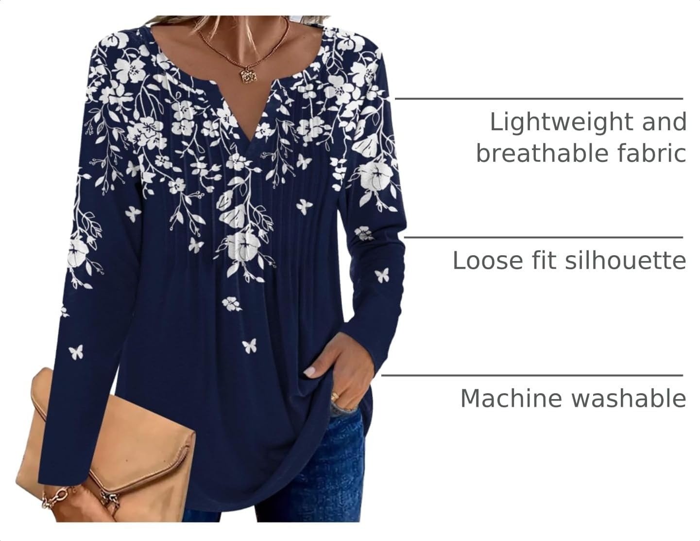 image:imageZeagoo Womens Long Sleeve Tops 2026 V Neck Pleated Shirts Dressy Casual Tunic Blouses Loose Fit Fall Fashion ClothesSf103