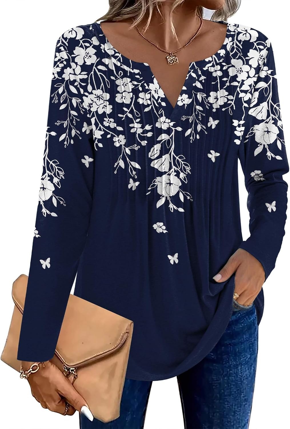 image:imageZeagoo Womens Long Sleeve Tops 2026 V Neck Pleated Shirts Dressy Casual Tunic Blouses Loose Fit Fall Fashion ClothesSf103