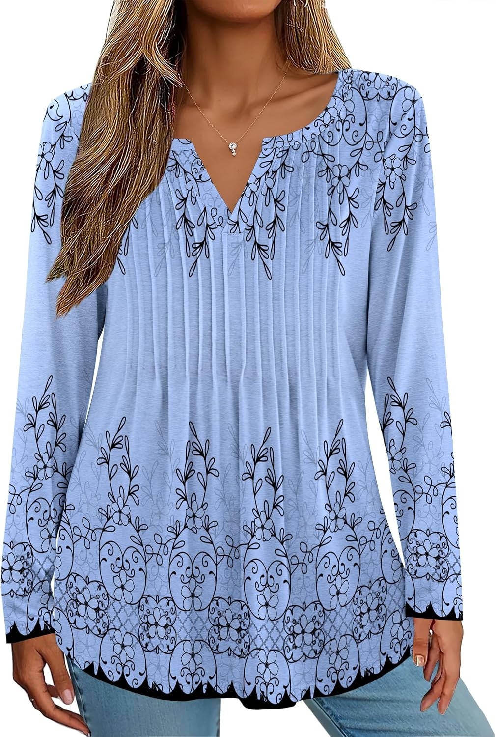 image:imageZeagoo Womens Long Sleeve Tops 2026 V Neck Pleated Shirts Dressy Casual Tunic Blouses Loose Fit Fall Fashion ClothesSf166