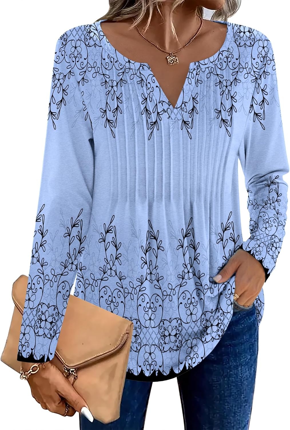 image:imageZeagoo Womens Long Sleeve Tops 2026 V Neck Pleated Shirts Dressy Casual Tunic Blouses Loose Fit Fall Fashion ClothesSf166