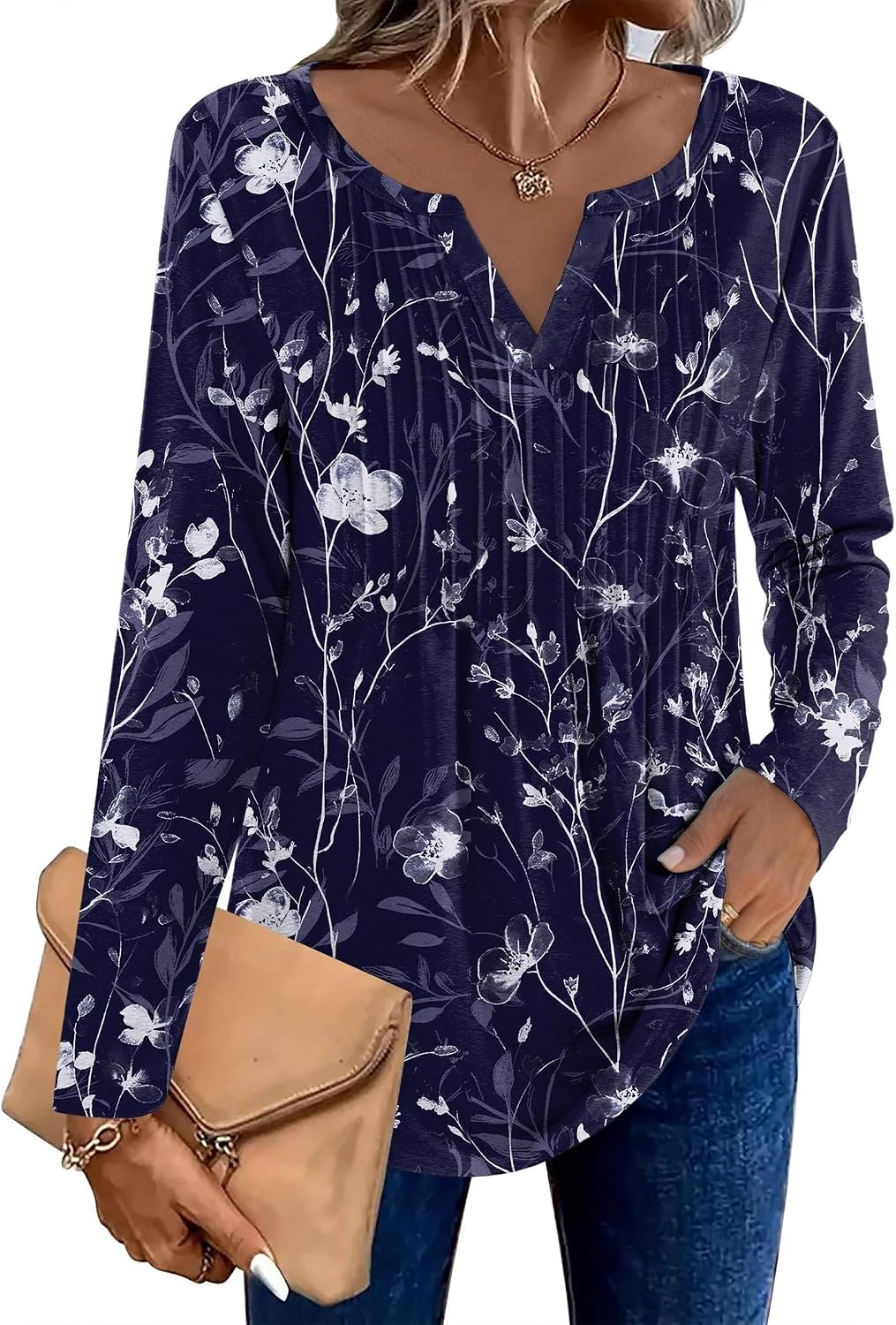 image:imageZeagoo Womens Long Sleeve Tops 2026 V Neck Pleated Shirts Dressy Casual Tunic Blouses Loose Fit Fall Fashion ClothesSf180